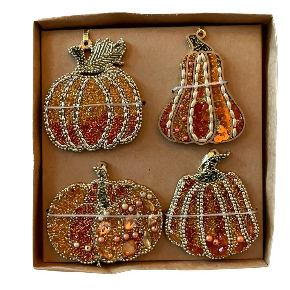 Cupcakes & Cashmere Beaded Pumpkin Ornaments 4pc Fall Decor NEW